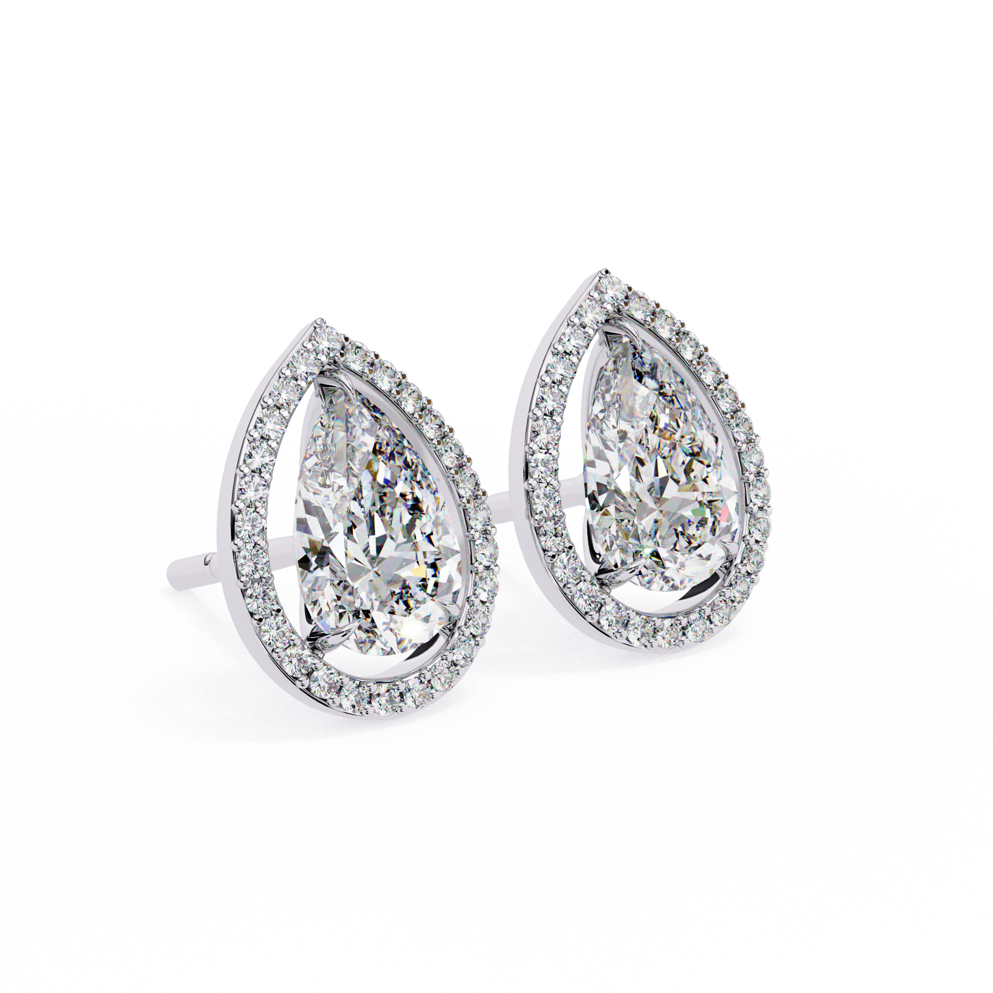 3.42 Carat Pear Diamond Halo Stud Earrings in Gold and Platinum