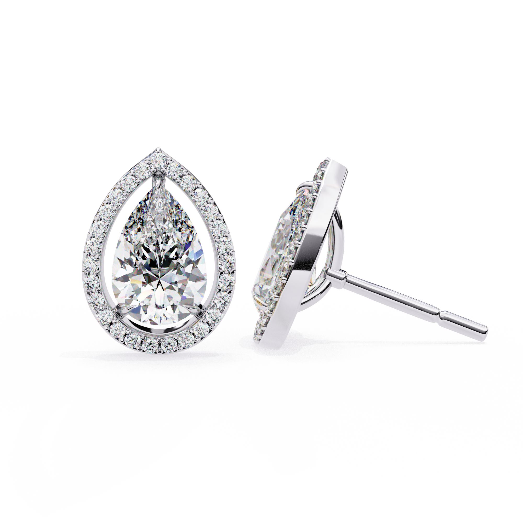 3.42 Carat Pear Diamond Halo Stud Earrings in Gold and Platinum