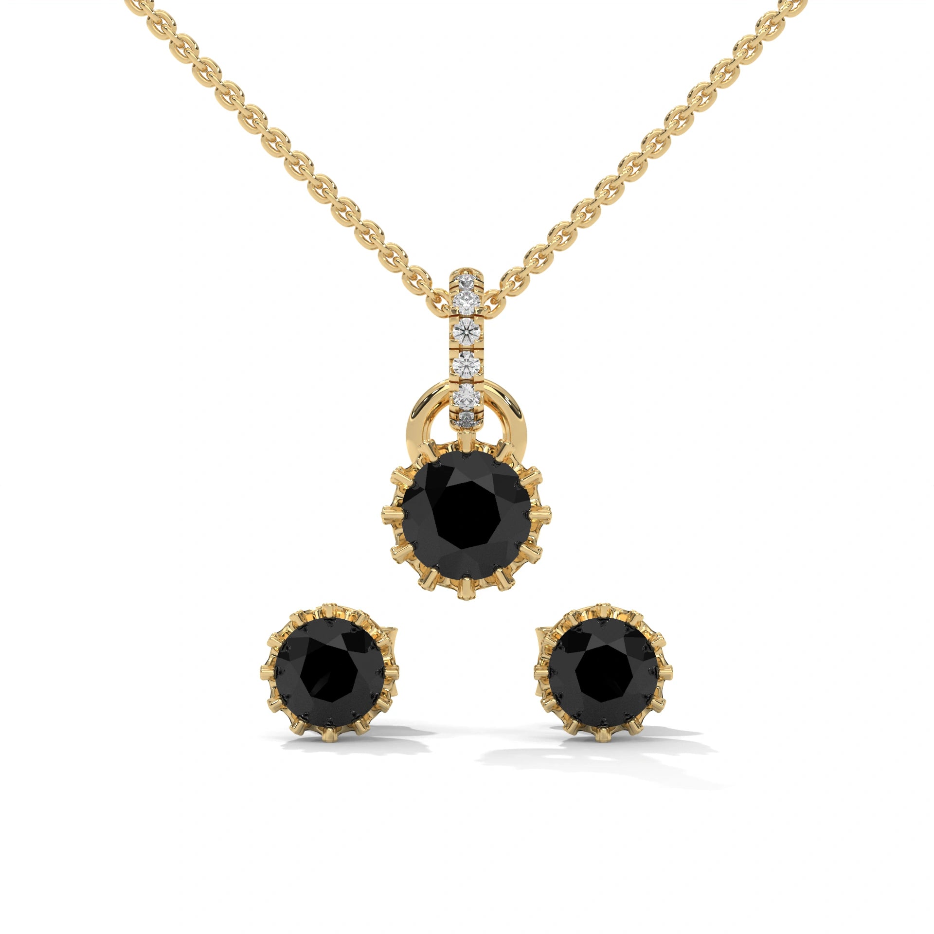 Round Cut Natural Black Diamond Pendant & Stud Earrings Set in White Gold 18K Yellow Gold