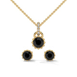 Round Cut Natural Black Diamond Pendant & Stud Earrings Set in White Gold