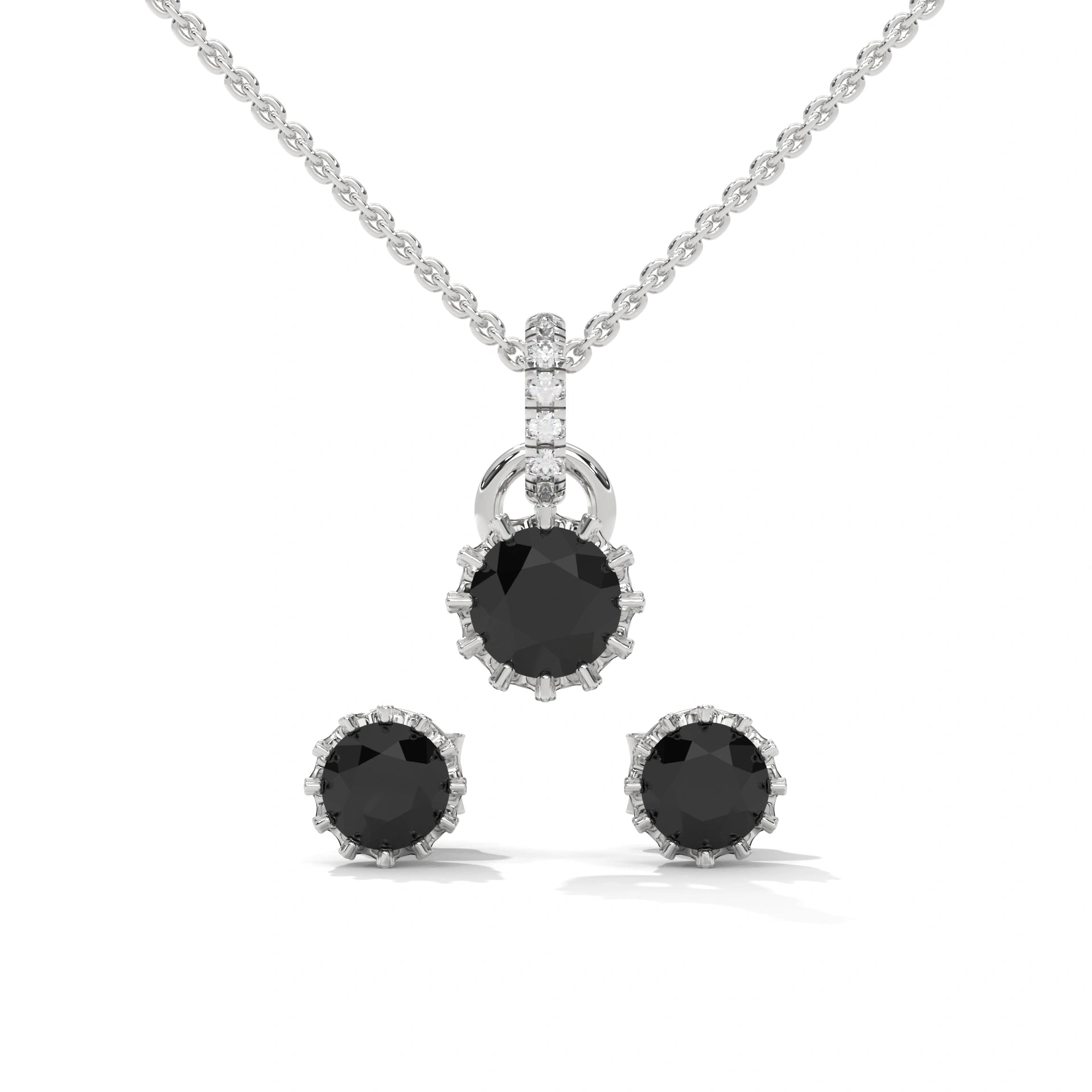 Round Cut Natural Black Diamond Pendant & Stud Earrings Set in White Gold