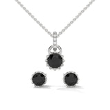 Round Cut Natural Black Diamond Pendant & Stud Earrings Set in White Gold