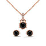 Round Cut Natural Black Diamond Pendant & Stud Earrings Set in White Gold