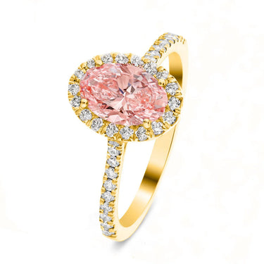 2.50 Carat Oval Shaped Halo Pink Lab Diamond Ring In Yellow Gold