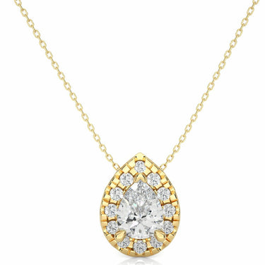 0.80 Ct Pear Shaped Bar Setting Halo Diamond Pendant In Yellow Gold