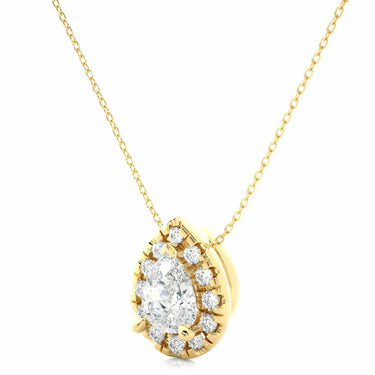 0.80 Ct Pear Shaped Bar Setting Halo Diamond Pendant In Yellow Gold