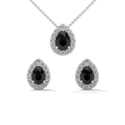 Pear Shaped Black Diamond Halo Pendant & Stud Earrings Set in White Gold