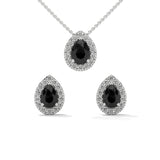 Pear Shaped Black Diamond Halo Pendant & Stud Earrings Set in White Gold