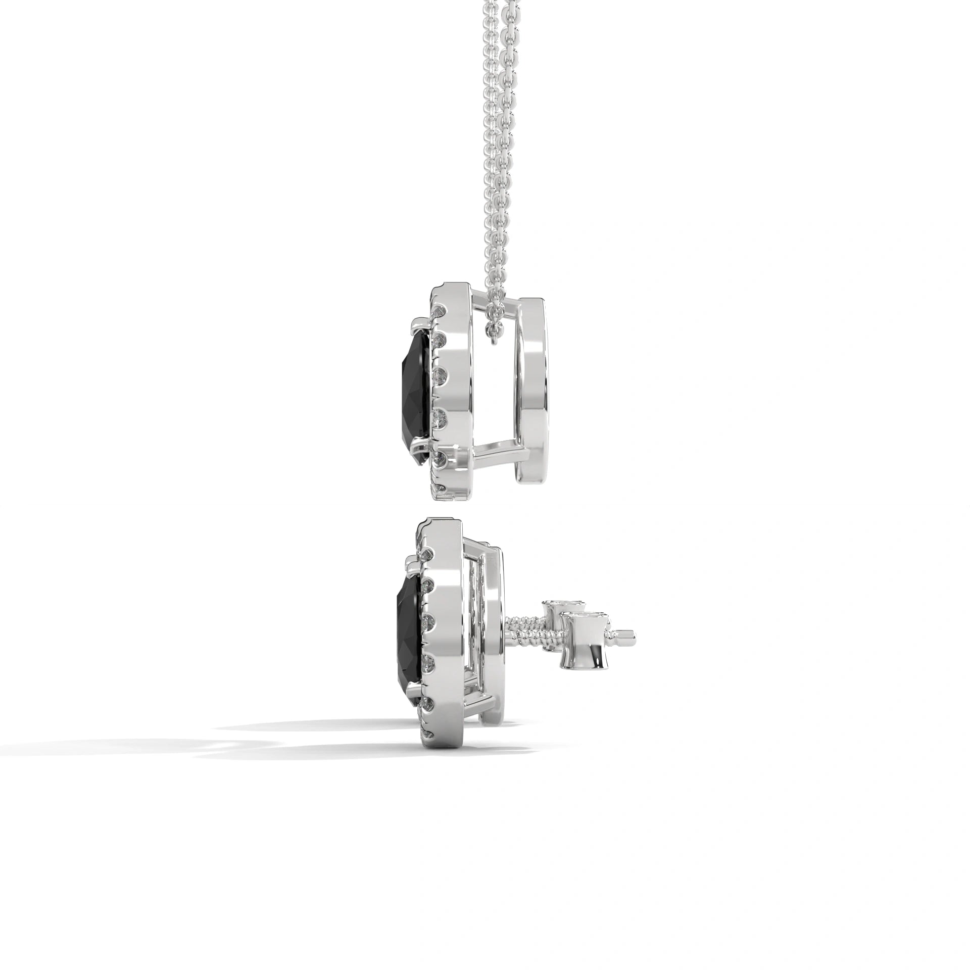 Pear Shaped Black Diamond Halo Pendant & Stud Earrings Set in White Gold