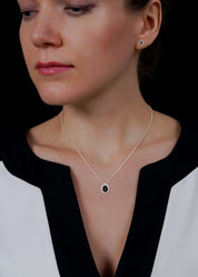 Pear Shaped Black Diamond Halo Pendant & Stud Earrings Set in White Gold