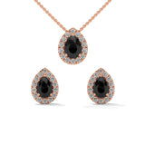 Pear Shaped Black Diamond Halo Pendant & Stud Earrings Set in White Gold