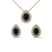 Pear Shaped Black Diamond Halo Pendant & Stud Earrings Set in White Gold 18K Yellow Gold