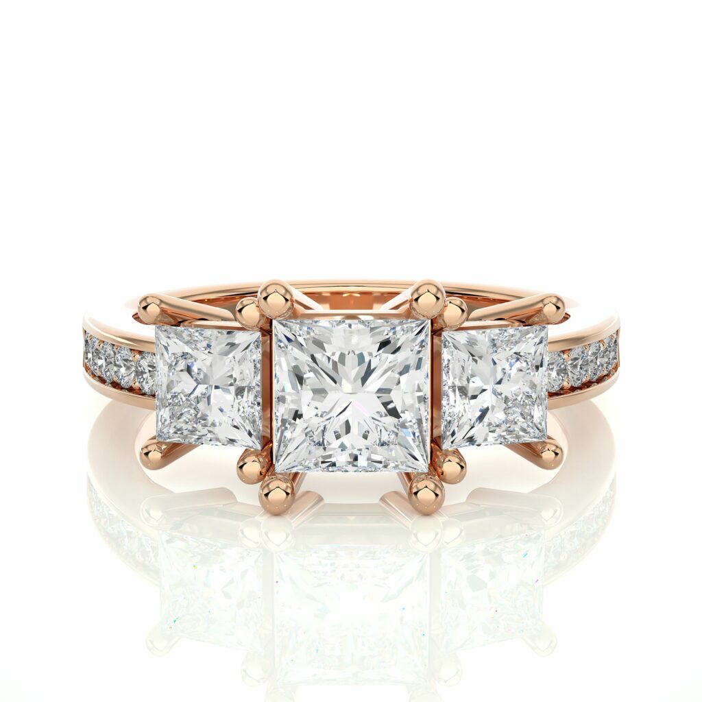 2.20 Ct Three Stone Princess Cut Diamond Ring Rose Gold