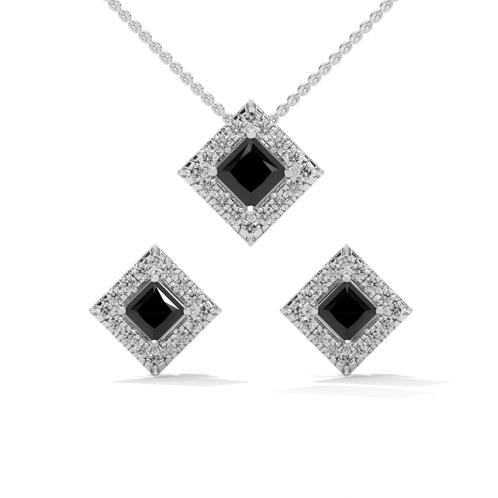 Princess Cut Diamond Black Diamond Pendant & Earrings Halo Set