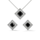 Princess Cut Diamond Black Diamond Pendant & Earrings Halo Set