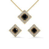 Princess Cut Diamond Black Diamond Pendant & Earrings Halo Set