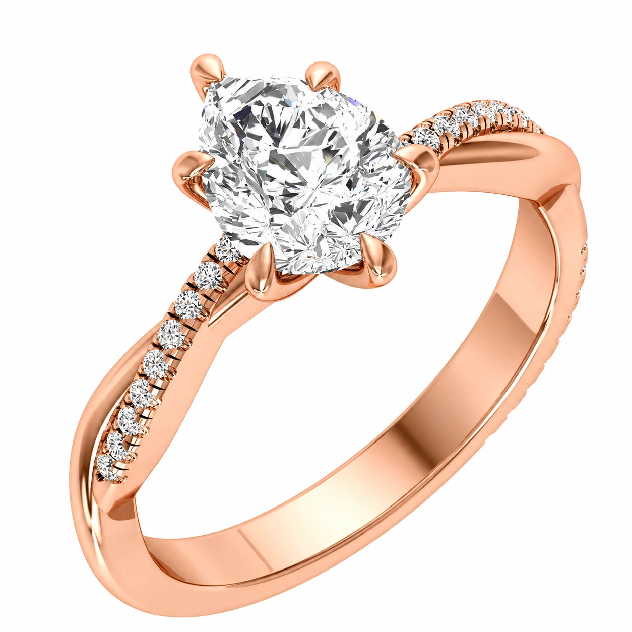 Angled View Of 1.72 Ct Pear Cut Diamond Engagement Ring in Pavé Infinity Twist Setting