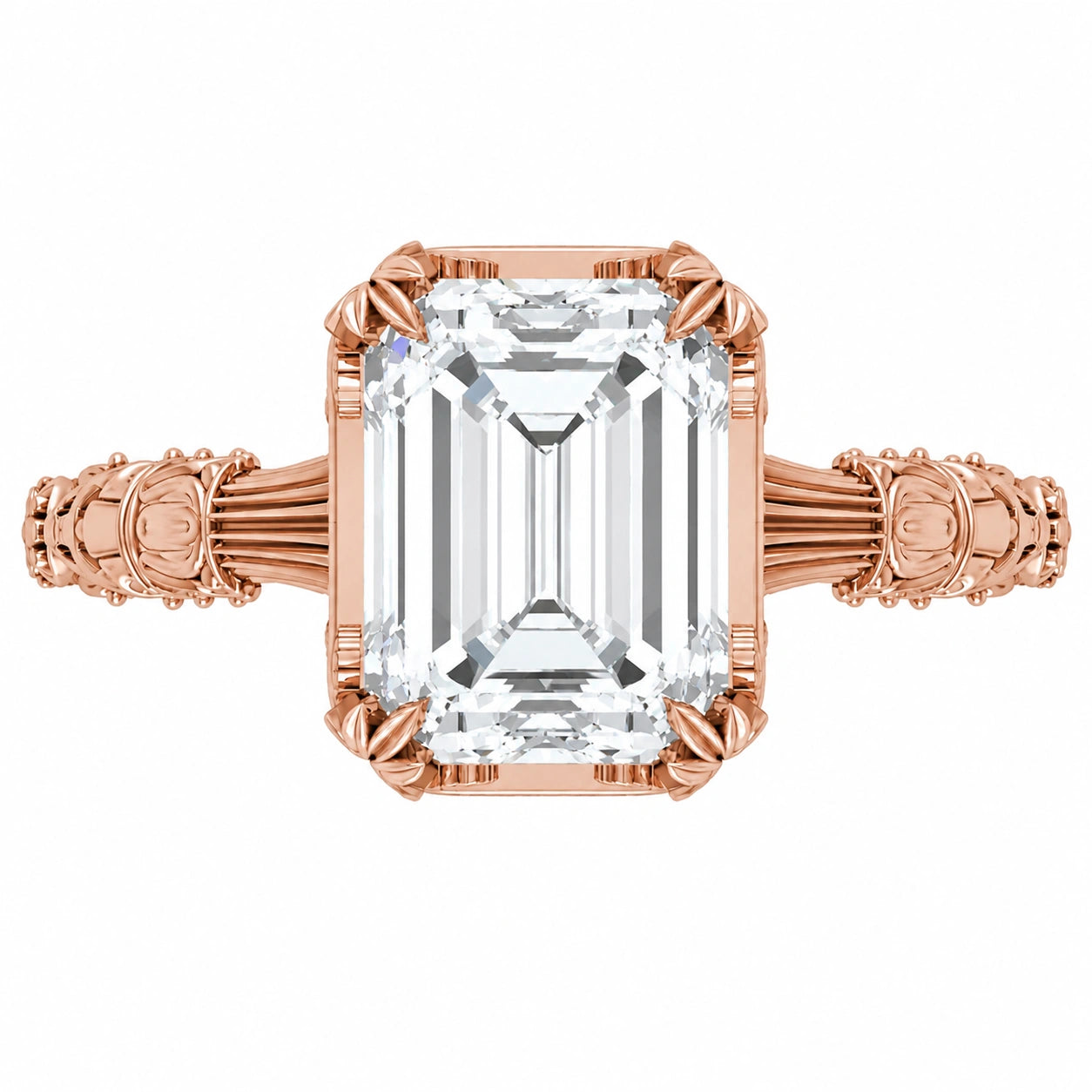 Front view of 2.5 Ct Emerald Cut Diamond Solitaire Engagement Ring with 4-Prong Setting