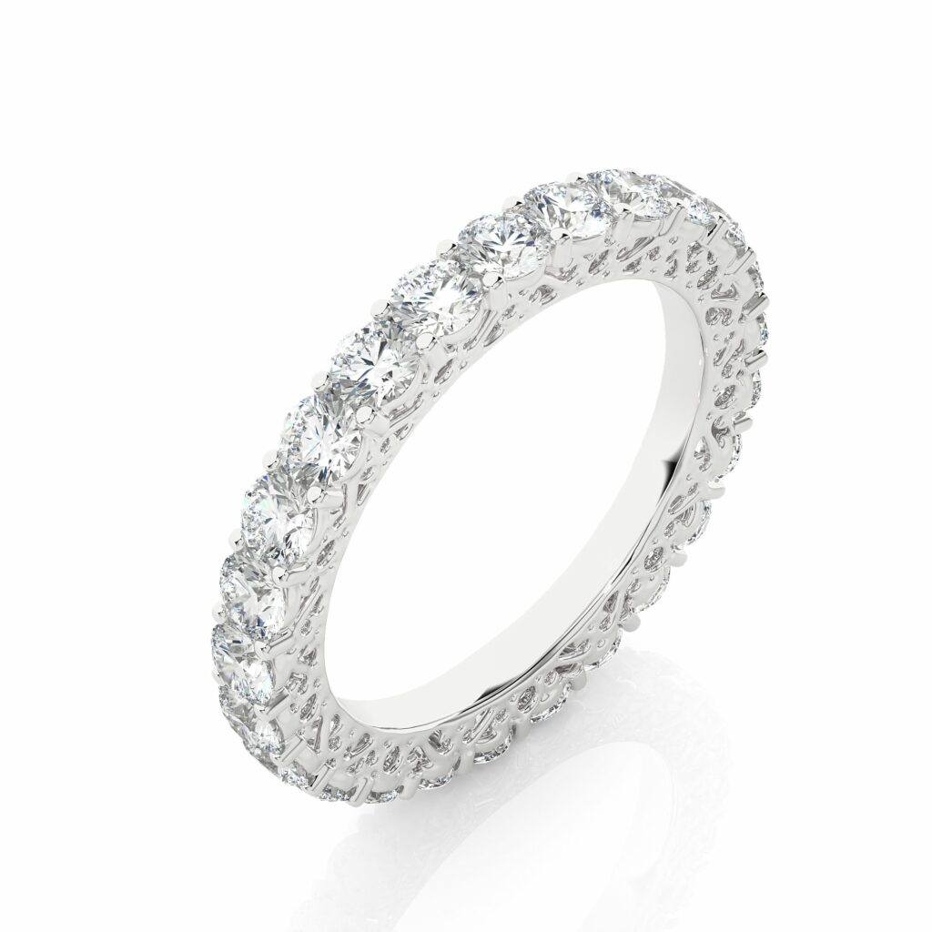 2.38 Carat Filigree Lab Diamond Eternity Band In White Gold Eternity Wedding Rings