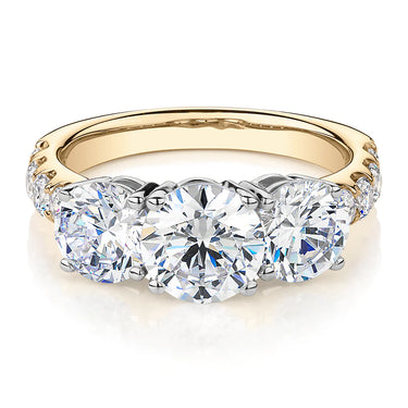 2.20 Carat Round Shaped Prong Setting Three Stone Lab Diamond Engagement Ring In Yellow Gold