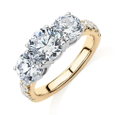2.20 Carat Round Shaped Prong Setting Three Stone Lab Diamond Engagement Ring In Yellow Gold