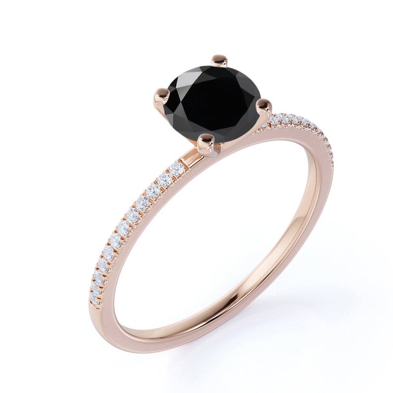 Round Solitaire Black Diamond Engagement Ring With Accent Black Diamond Engagement Ring