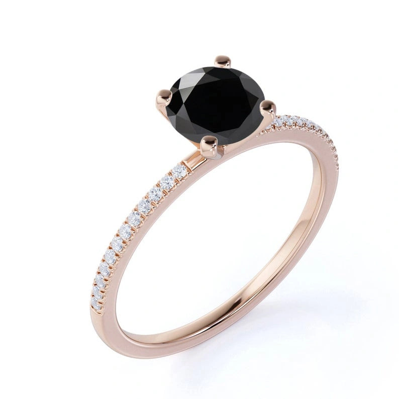 Round Brilliant Cut Solitaire Black Diamond Engagement Ring With Accent Black Diamond Engagement Ring