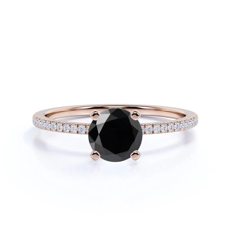 Round Brilliant Cut Solitaire Black Diamond Engagement Ring With Accent Black Diamond Engagement Ring