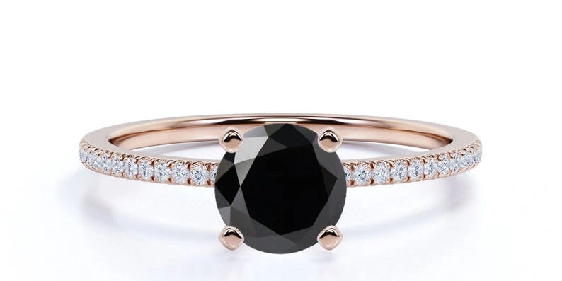 Round Brilliant Cut Solitaire Black Diamond Engagement Ring With Accent Black Diamond Ring