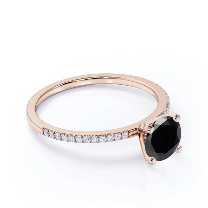 Round Brilliant Cut Solitaire Black Diamond Engagement Ring With Accent Black Diamond Engagement Ring