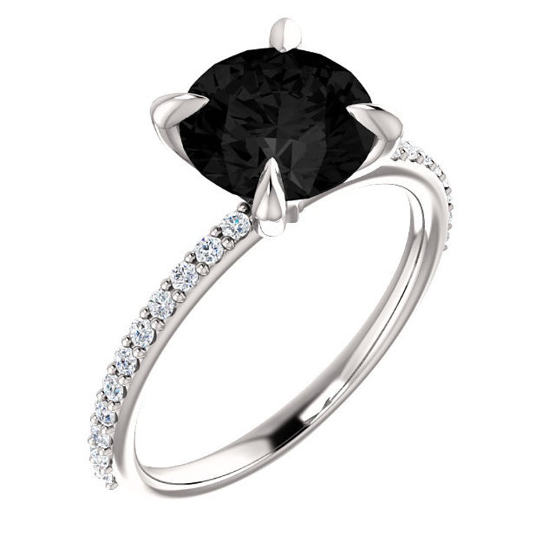 Round Cut White & Black Diamond Solitaire Engagement Ring Black Diamond Engagement Ring