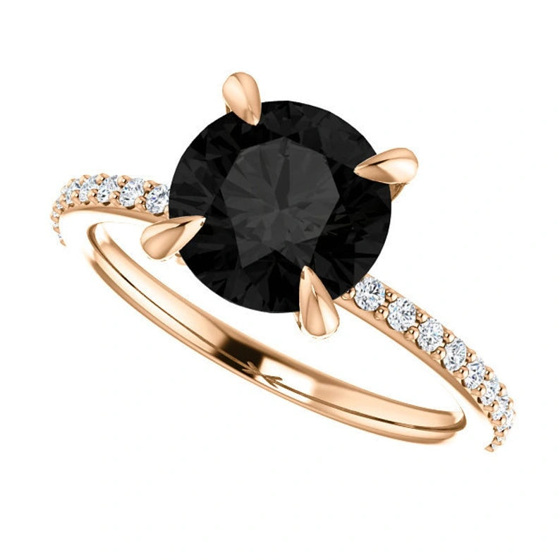 Round Cut White & Black Diamond Solitaire Engagement Ring Black Diamond Engagement Ring