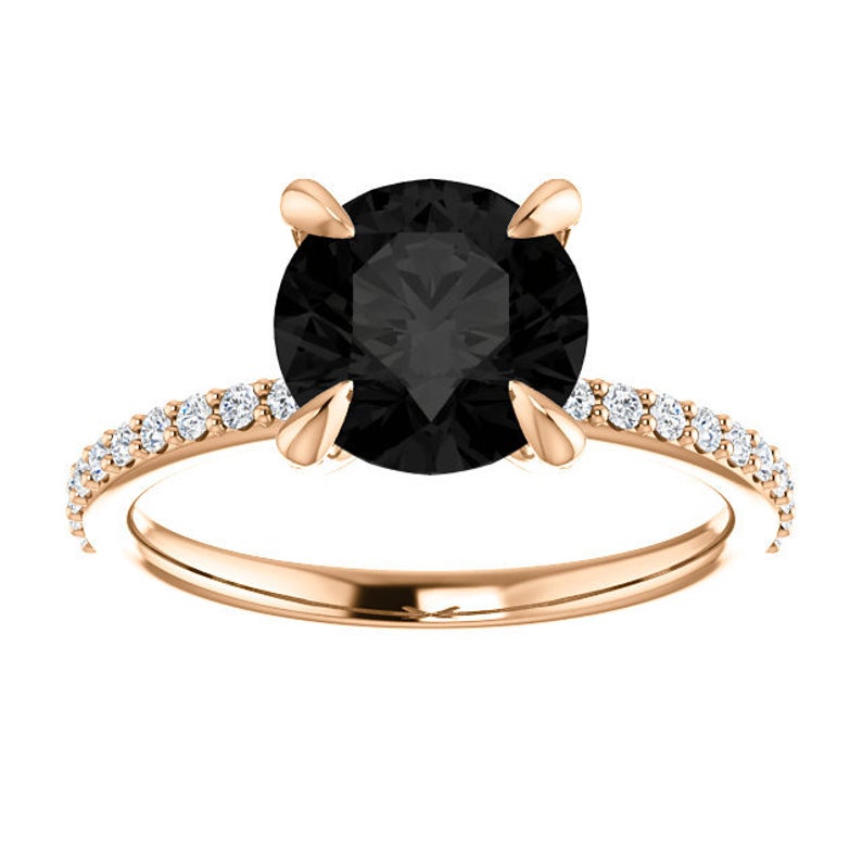 Round Cut White & Black Diamond Solitaire Engagement Ring 18K Rose Gold Black Diamond Engagement Ring