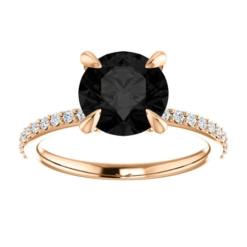 Round Cut White & Black Diamond Solitaire Engagement Ring Black Diamond Engagement Ring
