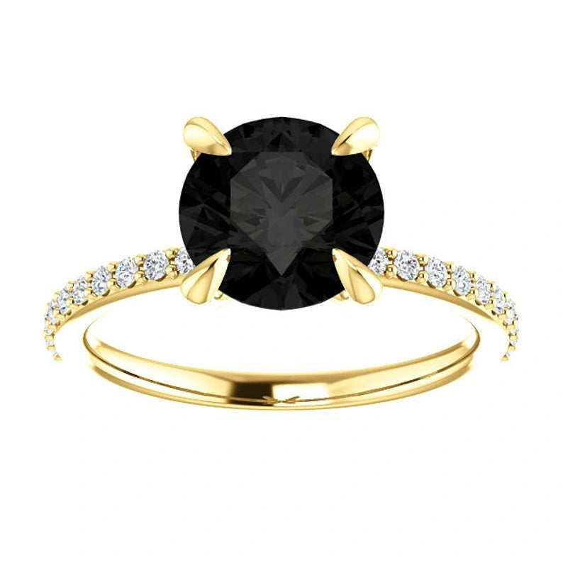 Round Cut White & Black Diamond Solitaire Engagement Ring Black Diamond Engagement Ring