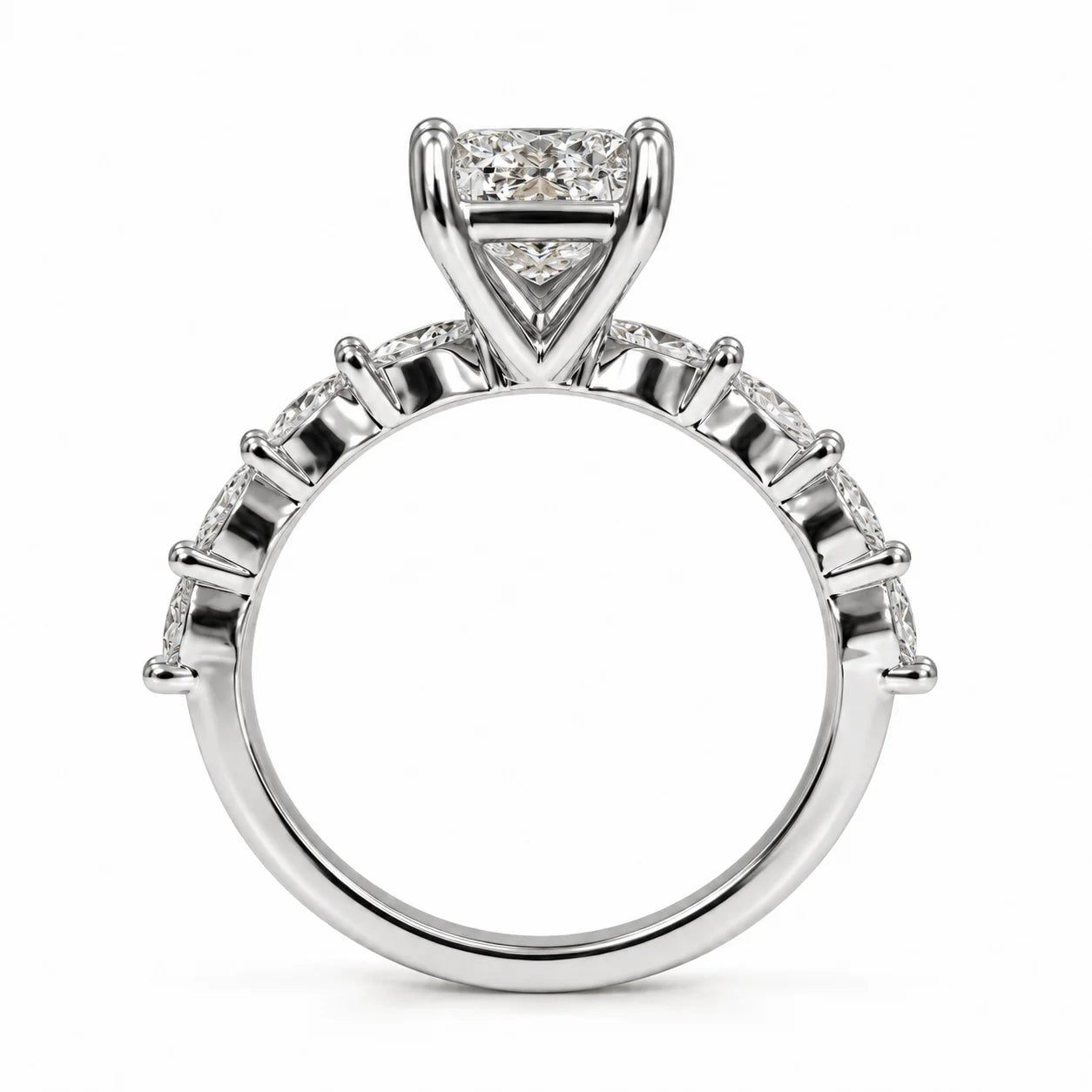 Metal view of 2.50 Ct Radiant cut diamond ring with marquise side stones