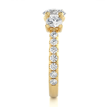 2.35 Ct Three Stone Trellis Lab Diamond Engagement Ring In Yellow Gold