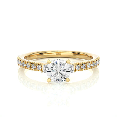 1 Carat Round Cut Fishtail Prongs Diamond Ring With Accents In Yellow Gold