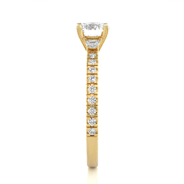 1 Carat Round Cut Fishtail Prongs Diamond Ring With Accents In Yellow Gold