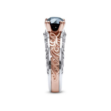 1 Carat Round Shape Prong Setting Black Diamond Two Tone Art-Deco Engagement Ring