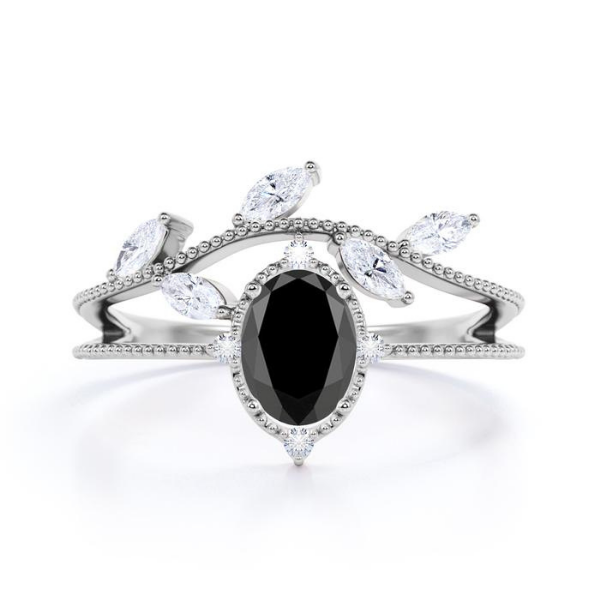Unique Style Oval Bead Set Black Diamond Engagement Ring Black Diamond Engagement Ring