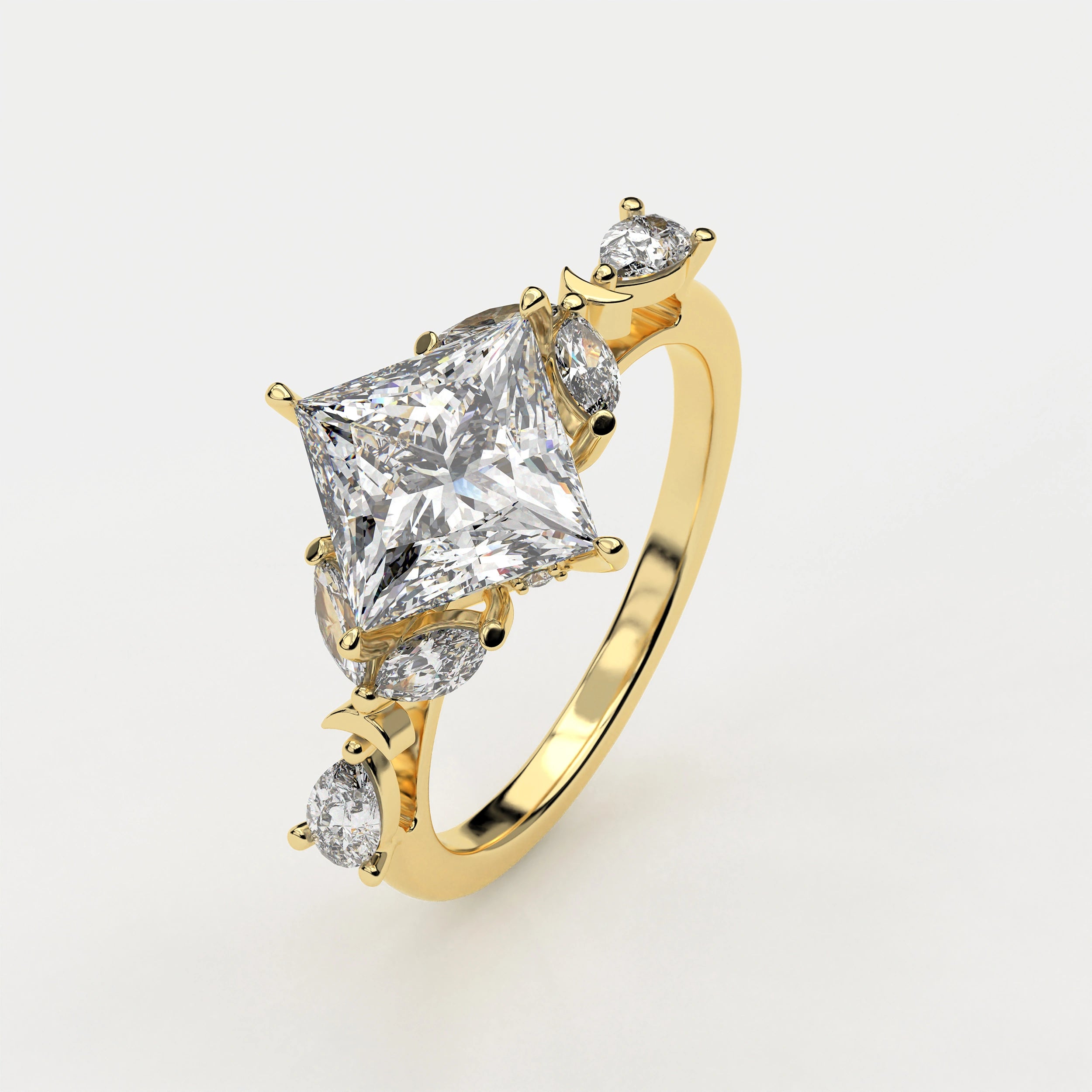 Angled View Of 2.78 Ct Princess Cut Lab Diamond Ring with Marquise, Pear Side Stones