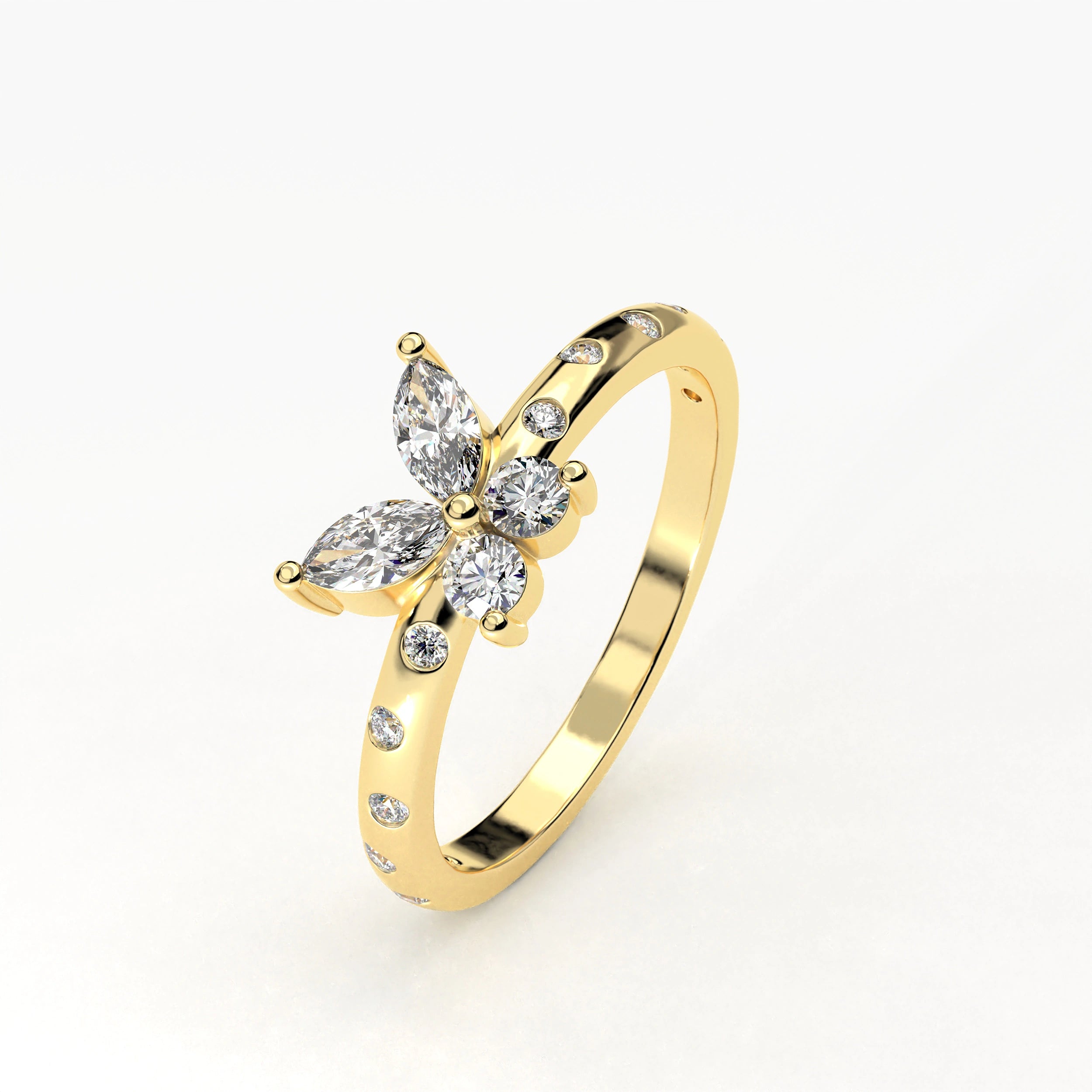 Angled View OF 0.54 Ct Butterfly Marquise Diamond Promise Ring with Pavé Accent Band