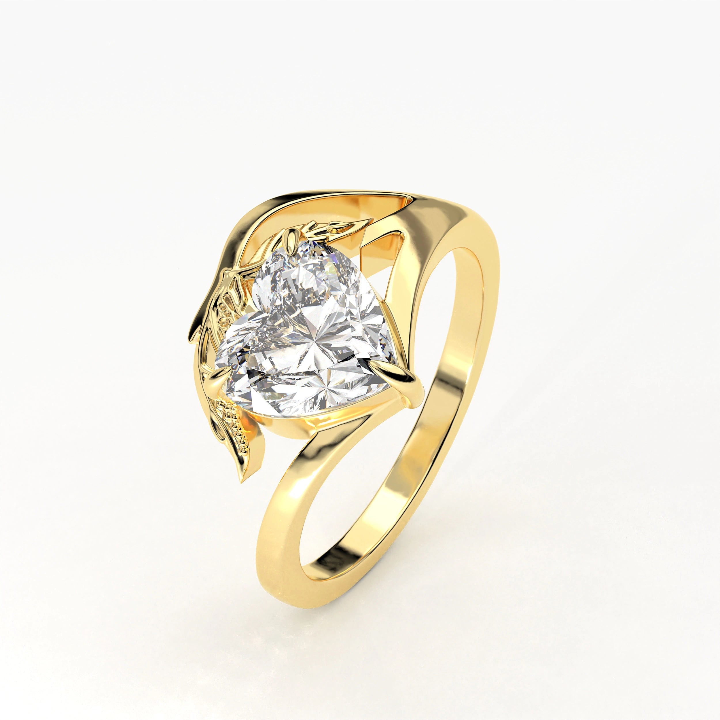 Angled View Of 2ct Heart Shape Lab Grown Diamond Ring with Nature Inspired Leaf Design