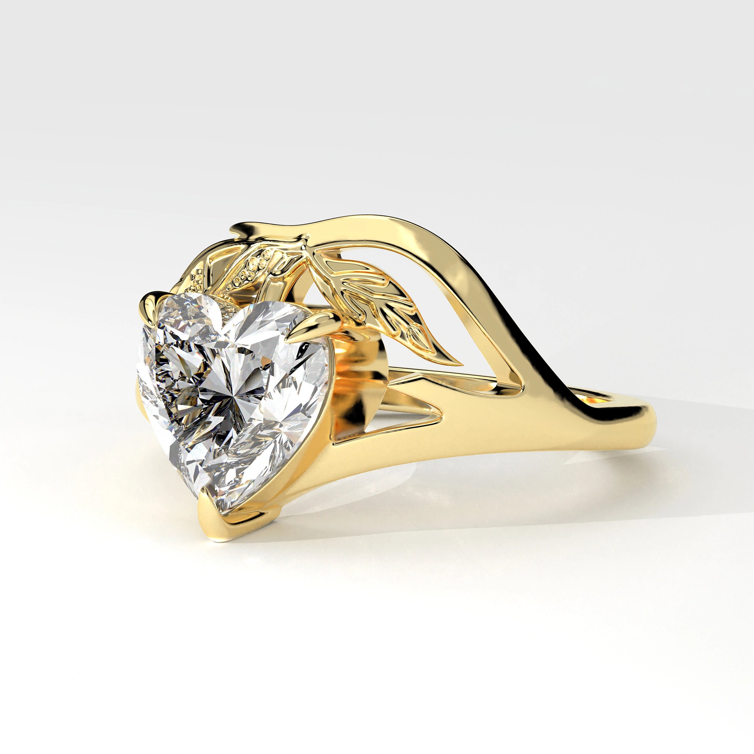 Side View of 2ct Heart Shape Lab Grown Diamond Ring with Nature Inspired Leaf Design