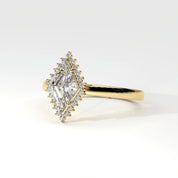 Side View Of 0.61 carat Lozenge Shape Halo Diamond Ring with Vintage Cluster Frame