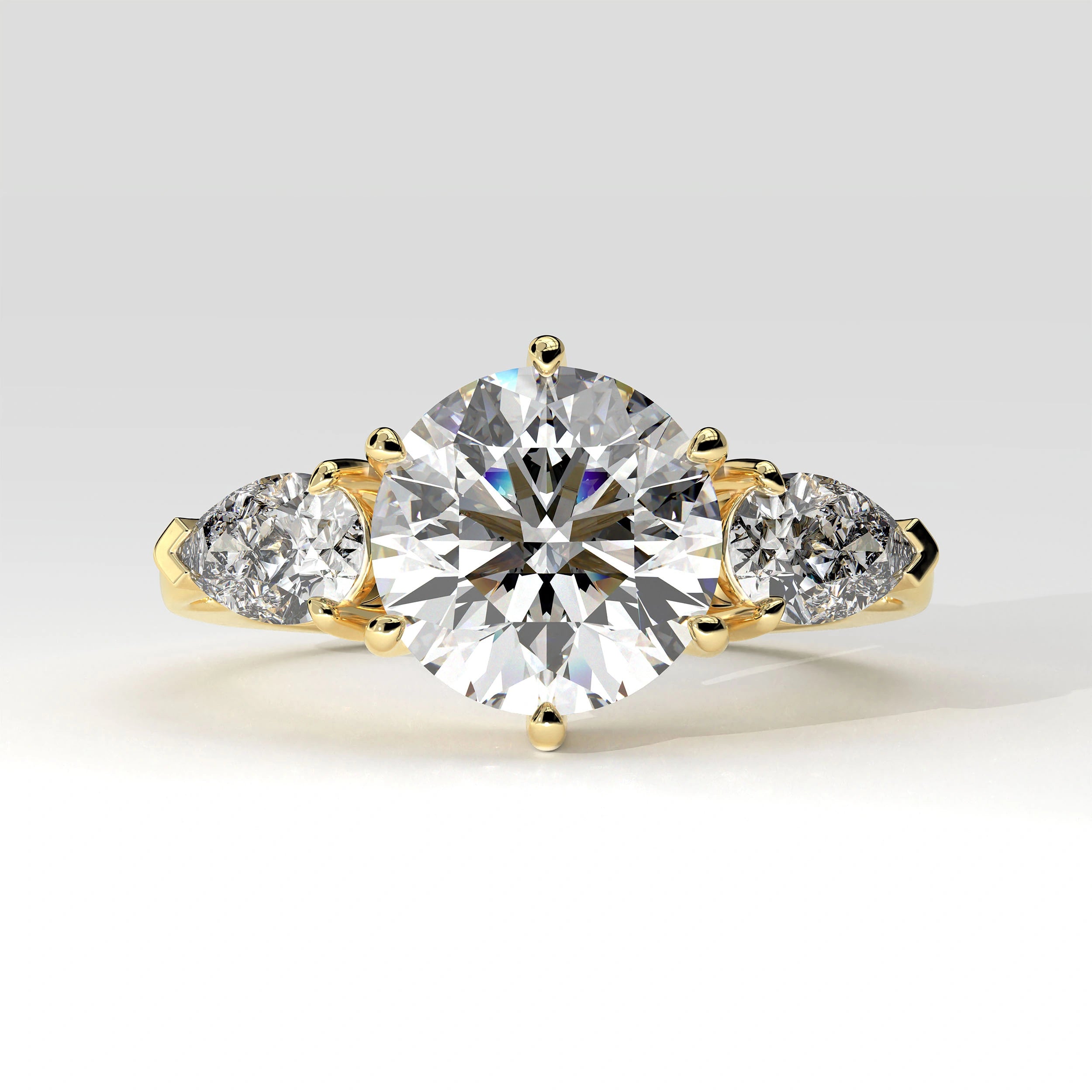 Front View Of 3.75 Ct Three Stone Lab Diamond Ring with Pear Side Stones Lab Diamond