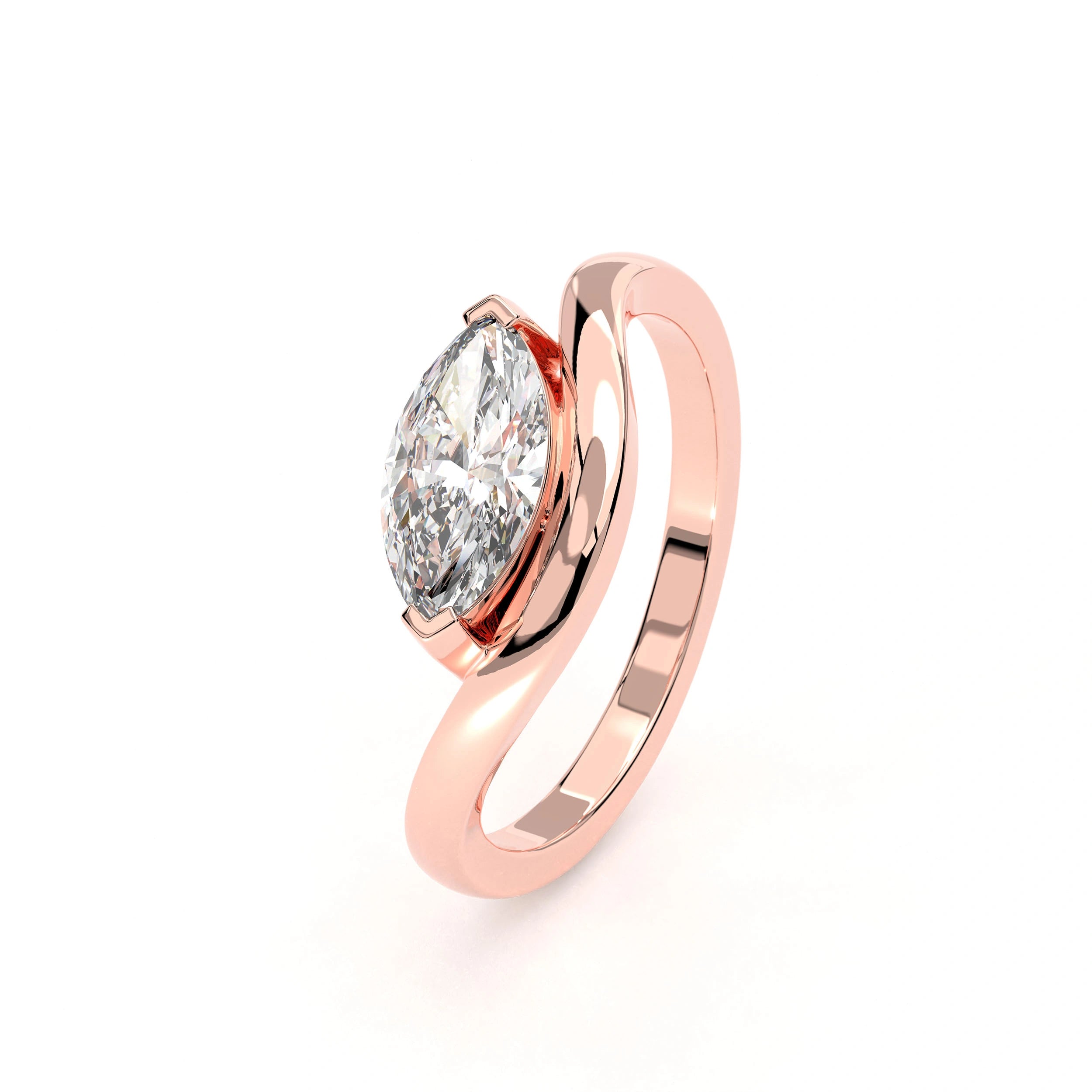 Angled View Of 1 Ct Marquise Cut Diamond Solitaire Ring with Curved Band Design