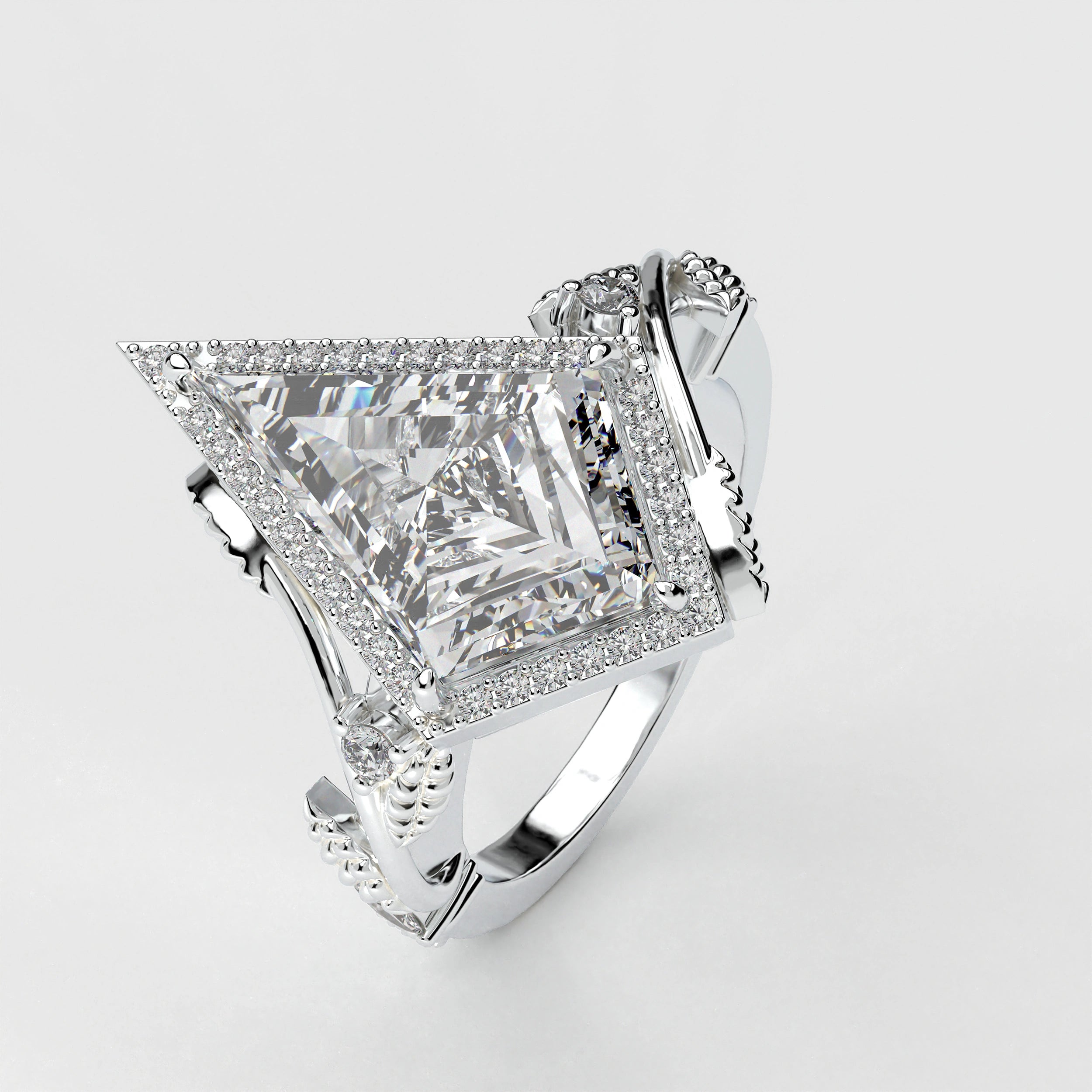 Angled View Of 2.88ct Kite Shape Halo Lab Created Diamond Engagement Ring