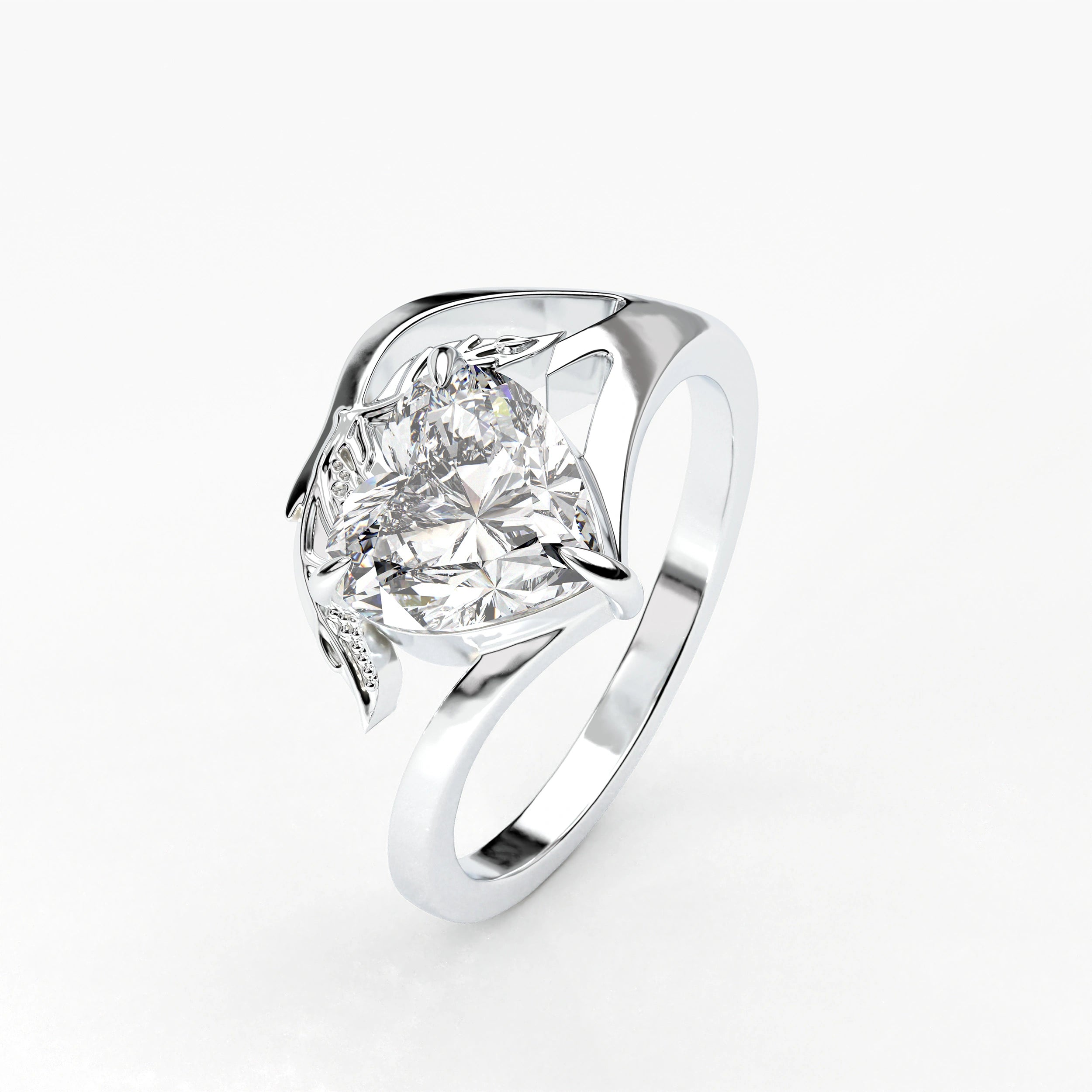 Angled View Of 2ct Heart Shape Lab Grown Diamond Ring with Nature Inspired Leaf Design